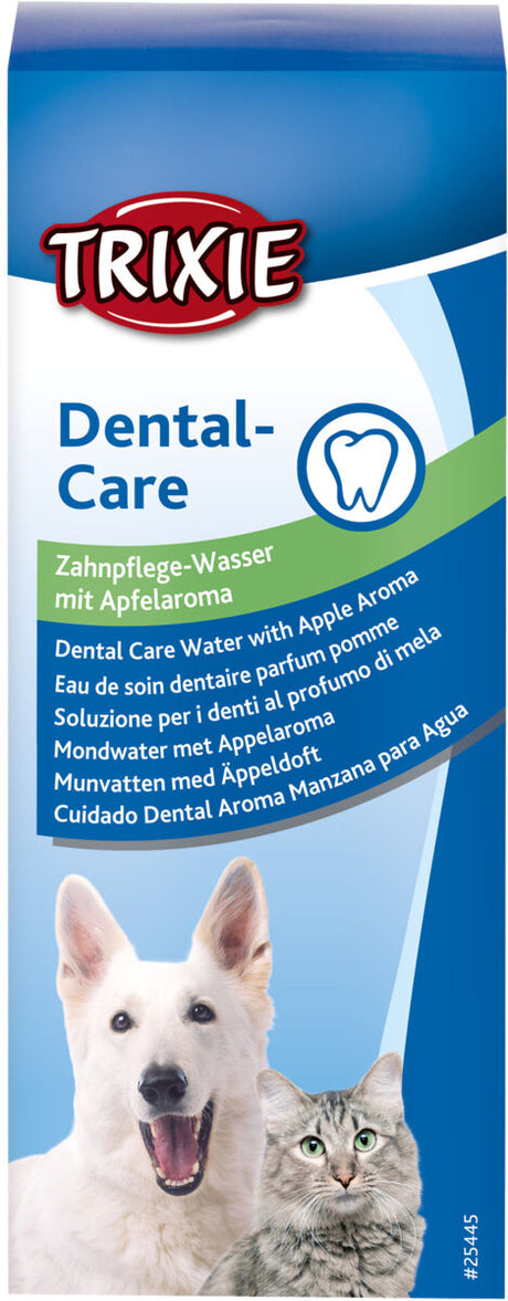 Verpackungsschild für Zahnpflege-Wasser mit Apfelaroma, zeigt Hund und Katze, Markenname Trixie oben.