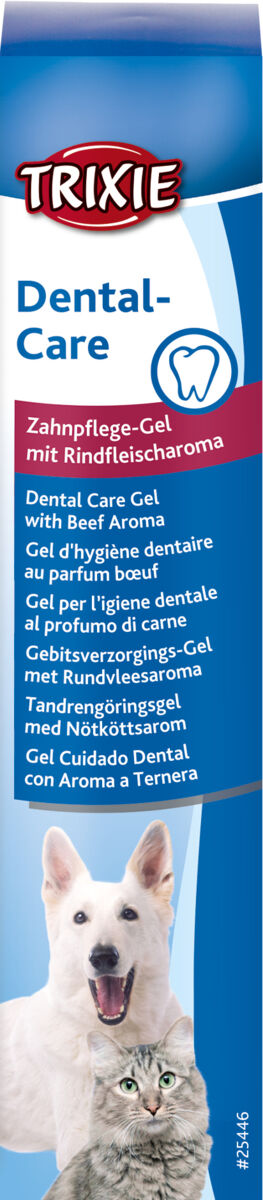 Verpackung eines Zahnpflege-Gels mit Rindfleischaroma für Tiere, blaue Gestaltung, Hund und Katze abgebildet.