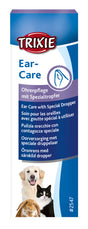 Verpackung der Ohrenpflege für Tiere mit Abbildung von Hund, Katze und Kaninchen, Text in mehreren Sprachen.