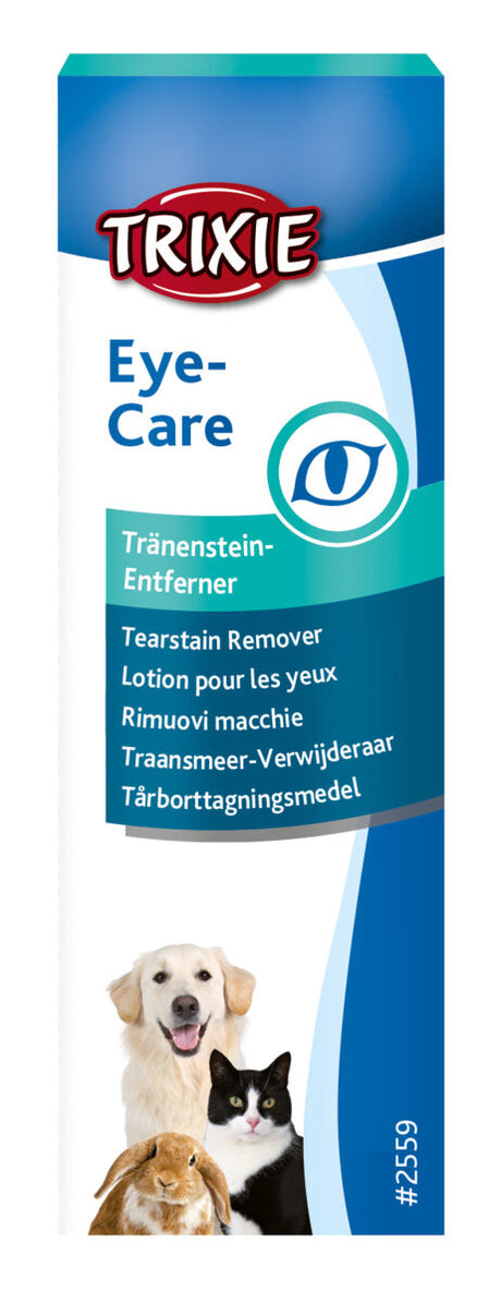 Verpackung eines Produkts zur Augenpflege mit dem Namen "TRIXIE Eye-Care", illustriert mit einem Hund, einer Katze und einem Kaninchen.