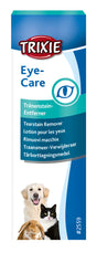 Verpackung eines Produkts zur Augenpflege mit dem Namen "TRIXIE Eye-Care", illustriert mit einem Hund, einer Katze und einem Kaninchen.