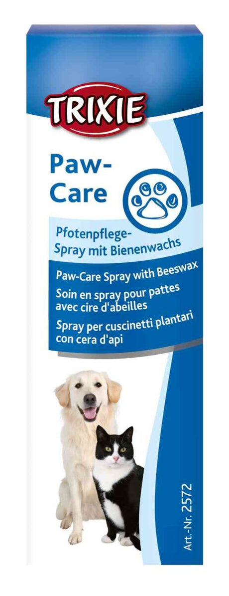 Verpackung eines Pfotenpflege-Sprays mit Bienenwachs, Text in mehreren Sprachen, Hund und Katze abgebildet.