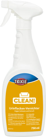 Sprühflasche mit weißem Griff und gelbem Etikett mit der Aufschrift "TRIXIE CLEAN!" und "Urinflecken-Vernichter".
