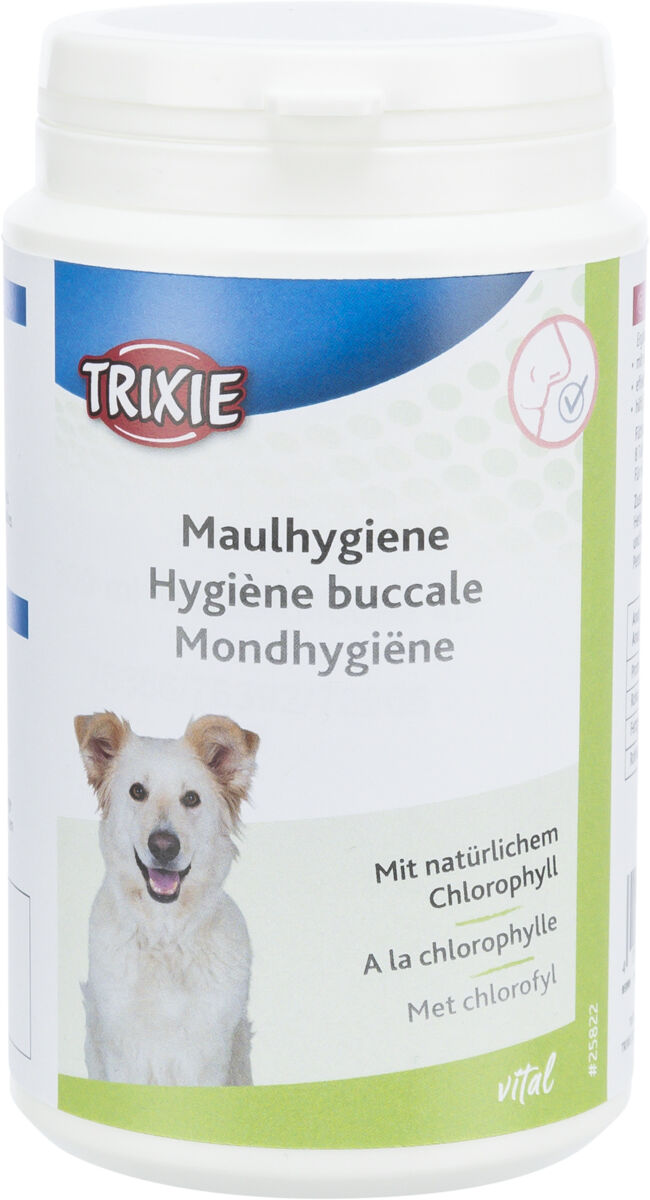 Ein weißer Behälter mit blauem und grünem Etikett zeigt einen Hund und den Text "Maulhygiene" sowie "Mit natürlichem Chlorophyll".