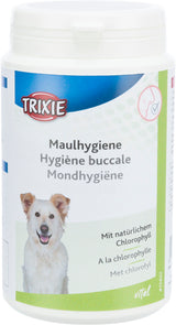 Ein weißer Behälter mit blauem und grünem Etikett zeigt einen Hund und den Text "Maulhygiene" sowie "Mit natürlichem Chlorophyll".