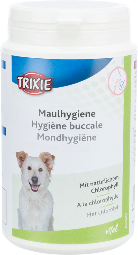 Ein weißer Behälter mit blauem und grünem Etikett zeigt einen Hund und den Text "Maulhygiene" sowie "Mit natürlichem Chlorophyll".