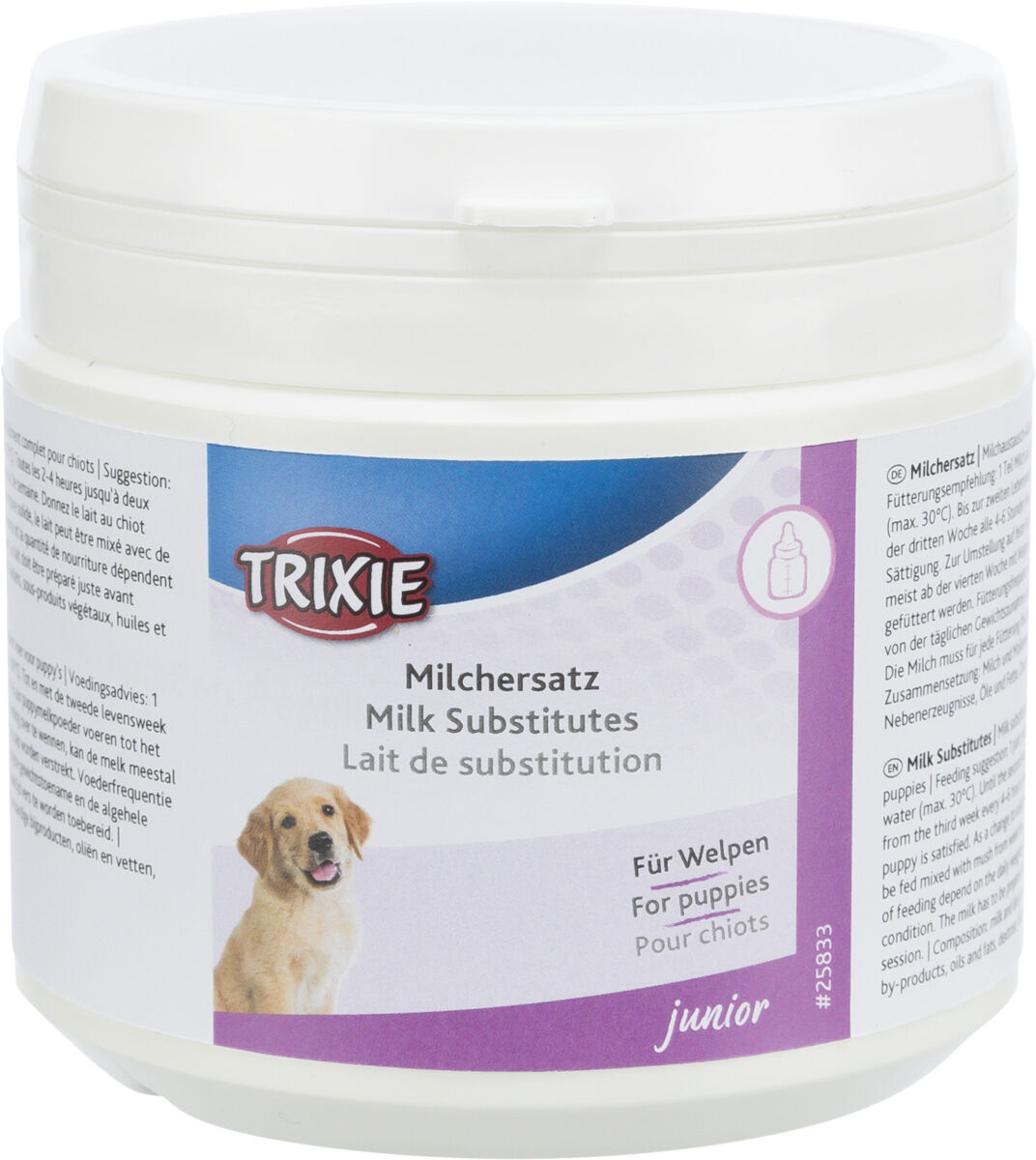 Weiße Plastikdose mit blauem und violettem Etikett, darauf das Wort "Trixie" und Bild eines Welpen, Aufschrift "Milchersatz".