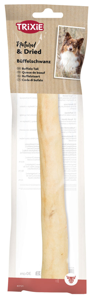 Verpackung mit einem getrockneten Büffelschwanz von Trixie, beige Töne, oberes Drittel mit Hundeabbildung.