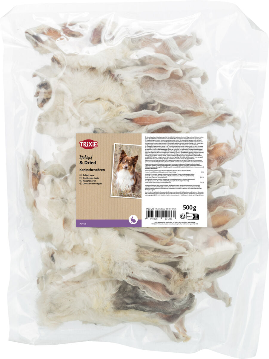 Luftdicht verpackte Hundesnacks in einer transparenten Tüte mit Etikett und Beschriftung, 500 g.