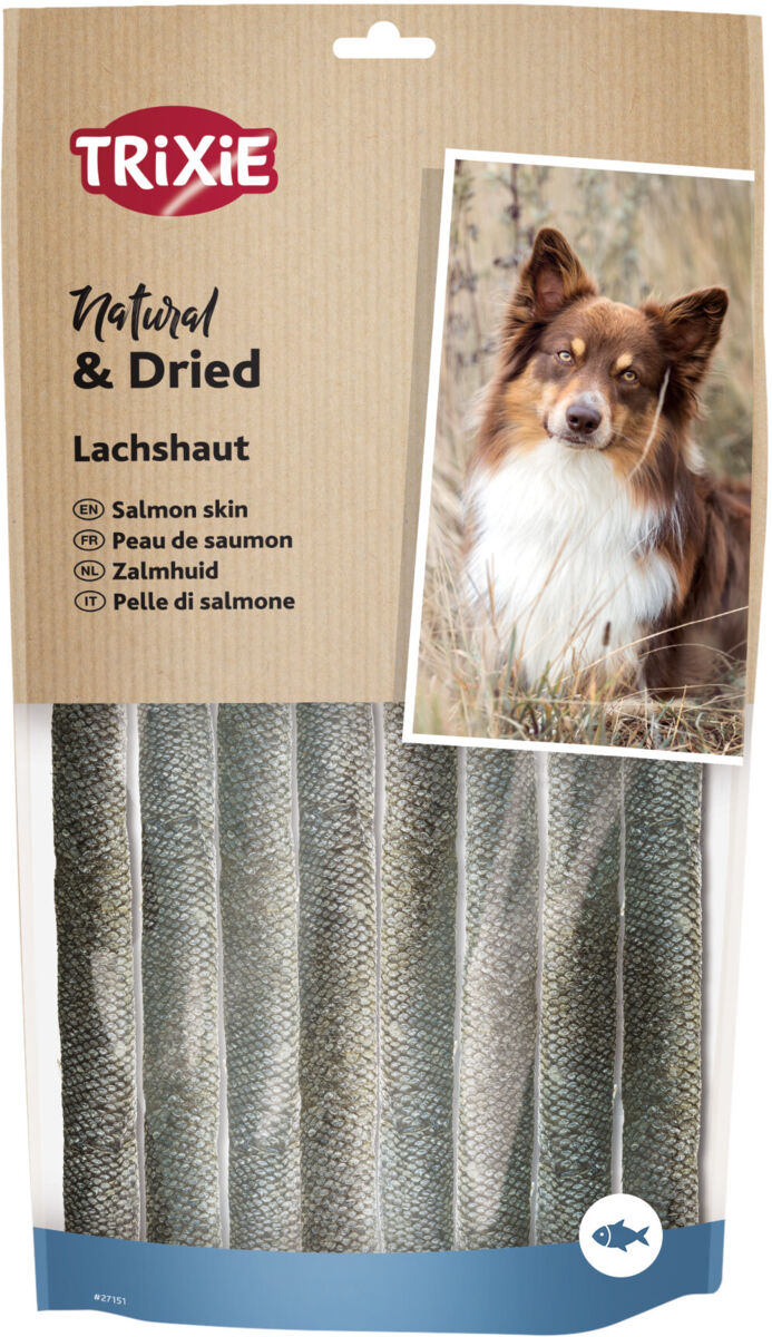 Verpackung mit der Aufschrift "Trixie Natural &amp; Dried Lachshaut" und einem Bild von einem Hund, mit Lachshaut-Streifen darunter.
