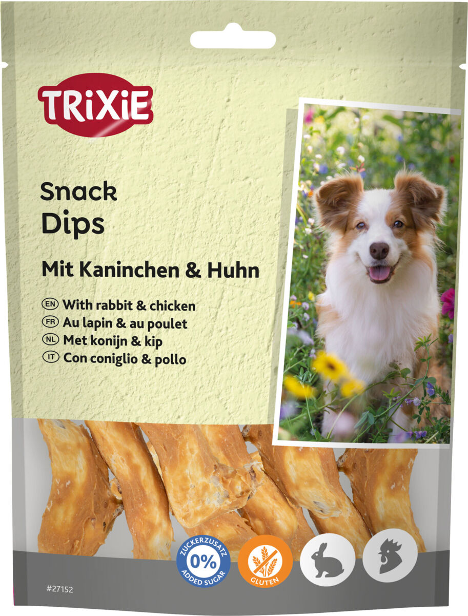 Hundesnacks-Verpackung mit der Aufschrift "TRIXIE Snack Dips", gezeigt wird ein Hund und getrocknete Snacks, glutenfrei.