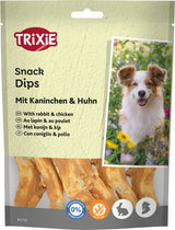 Hundesnacks-Verpackung mit der Aufschrift "TRIXIE Snack Dips", gezeigt wird ein Hund und getrocknete Snacks, glutenfrei.