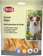 Hundesnacks-Verpackung mit der Aufschrift "TRIXIE Snack Dips", gezeigt wird ein Hund und getrocknete Snacks, glutenfrei.