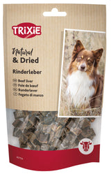 Packung mit getrocknetem Rinderleber-Hundeleckerli, braun und rot gestaltet, mit Bild eines Hundes auf der Vorderseite.
