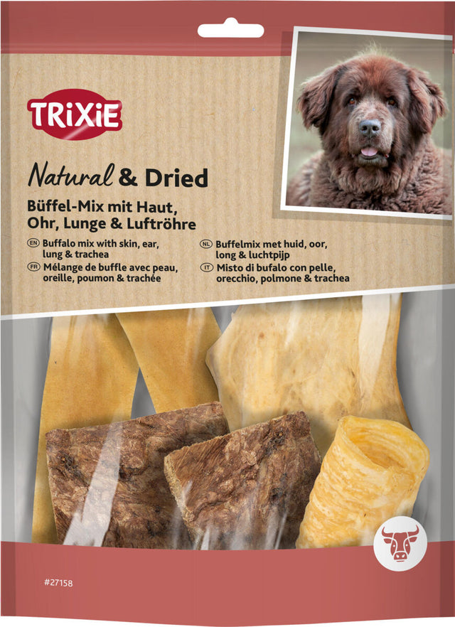 Verpackung von Büffel-Mix für Hunde mit Haut, Ohr, Lunge und Luftröhre, Foto eines braunen Hundes, Produktnummer 27158.