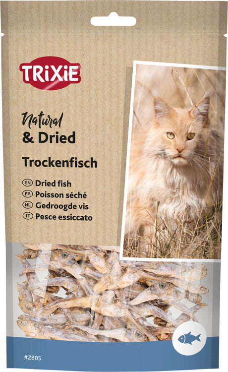 Verpackung mit der Aufschrift „Trixie Natural &amp; Dried Trockenfisch“ und einem Foto einer Katze im Gras.