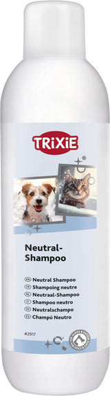 Weiße Flasche mit Trixie-Logo und Bildern von Hund und Katze, Text "Neutral-Shampoo" in mehreren Sprachen.