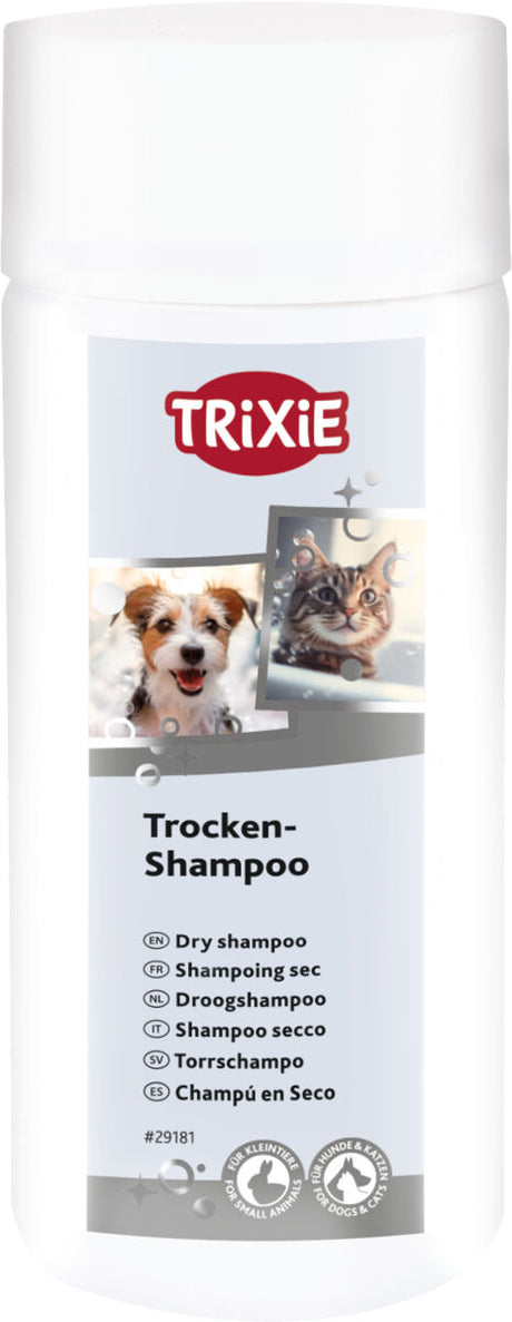 Weiße Flasche mit rotem Trixie-Logo, Bildern von Hund und Katze, und mehrsprachiger Aufschrift "Trockenshampoo".