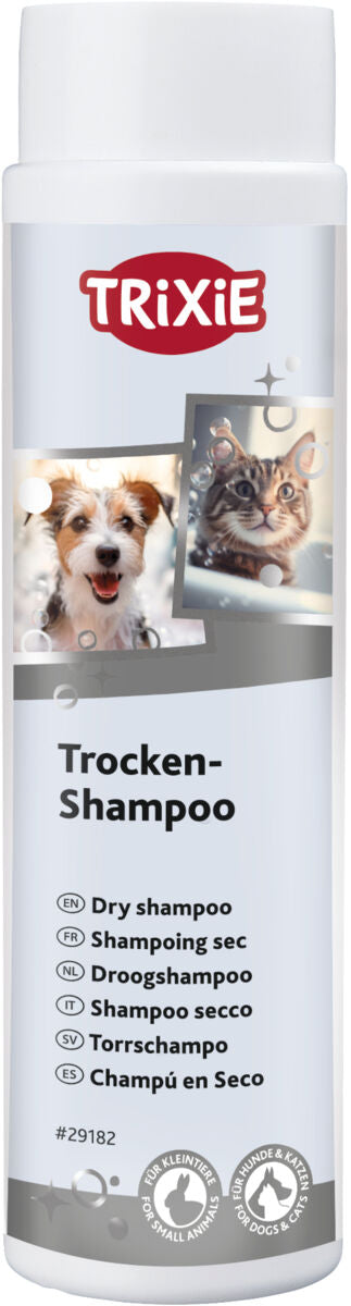 Weiße Flasche mit der Aufschrift "Trocken-Shampoo" und Bildern eines Hundes und einer Katze, Marke TRIXIE.