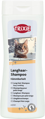 Langhaar-Shampoo-Flasche mit Katzenbild und mehrsprachiger Beschriftung zur Kämmbarkeit, Marke Trixie.
