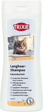 Langhaar-Shampoo-Flasche mit Katzenbild und mehrsprachiger Beschriftung zur Kämmbarkeit, Marke Trixie.
