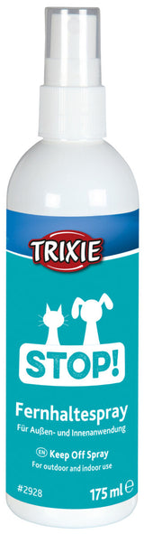 Ein weißes Sprayfläschchen mit blauer Etikette für Fernhaltespray zur Innen- und Außenanwendung, 175 ml.