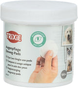 Weiße Verpackung mit der Aufschrift "TRIXIE Augenpflege Einweg-Pads" und Fotos von Tieren, 100 Stück.