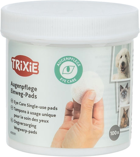 Weiße Verpackung mit der Aufschrift "TRIXIE Augenpflege Einweg-Pads" und Fotos von Tieren, 100 Stück.
