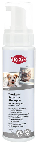 Behälter mit Pumpspender, Etikett zeigt Hunde- und Katzenbilder, Text "Trocken-Schaum-Shampoo, sanfte Reinigung ohne Baden".