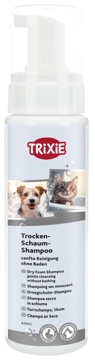Behälter mit Pumpspender, Etikett zeigt Hunde- und Katzenbilder, Text "Trocken-Schaum-Shampoo, sanfte Reinigung ohne Baden".