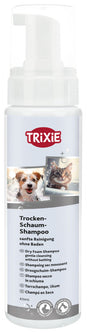 Behälter mit Pumpspender, Etikett zeigt Hunde- und Katzenbilder, Text "Trocken-Schaum-Shampoo, sanfte Reinigung ohne Baden".