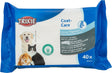 Eine blaue Verpackung von TRIXIE Coat-Care Universal-Pflegetücher mit Tieren und Aloe Vera Symbol.