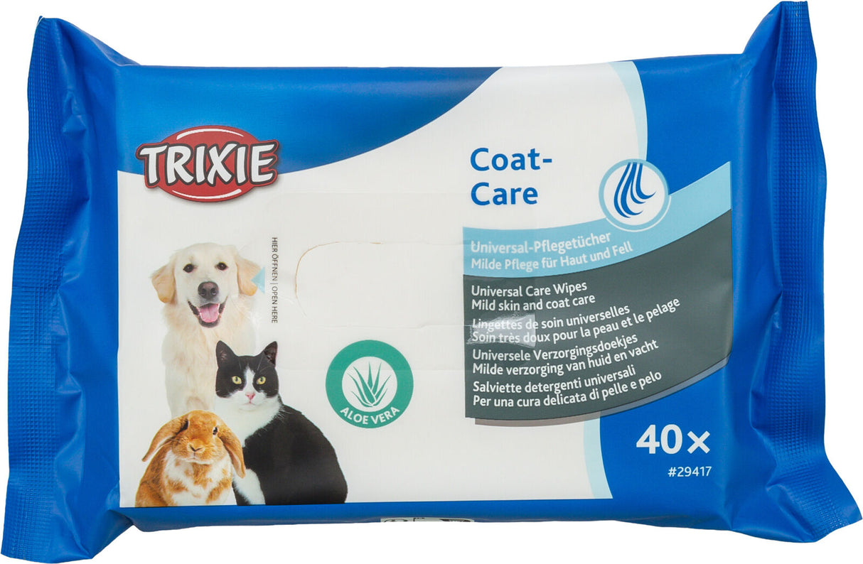 Eine blaue Verpackung von TRIXIE Coat-Care Universal-Pflegetücher mit Tieren und Aloe Vera Symbol.