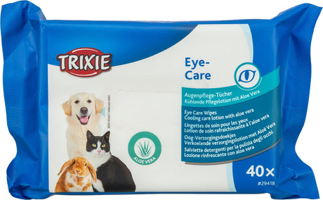 Blaue Verpackung mit der Aufschrift "TRIXIE Eye-Care Augenpflege-Tücher" und Tierbildern, enthält 40 Stück.