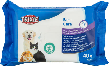 Paket mit blauen Ohrpflege-Tüchern für Tiere, enthält 40 Stück, mit Aloe Vera, Markenname Trixie.