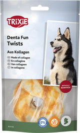 Verpackung von Trixie Denta Fun Twists aus Kollagen mit Bild eines Hundes und Informationen in mehreren Sprachen.