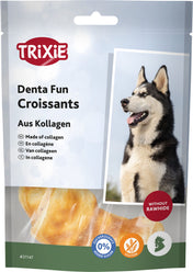 Verpackung mit Hundebild und Text "Denta Fun Croissants aus Kollagen", farbige Symbole für Zuckerzusatz und Glutenfreiheit.