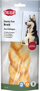 Verpackung von Hundesnack "Denta Fun Braid" aus Kollagen, ohne Rohhaut, mit einem Bild eines Hundes.