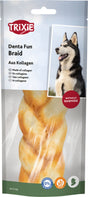 Verpackung von Hundesnack "Denta Fun Braid" aus Kollagen, ohne Rohhaut, mit einem Bild eines Hundes.