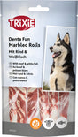 Verpackung von Trixie Denta Fun Marbled Rolls mit Bild eines Hundes und Text in verschiedenen Sprachen.