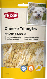 Verpackung von Trixie Käse-Dreiecken mit Obst und Gemüse, Hundebild, glutenfrei, kein Zuckerzusatz.