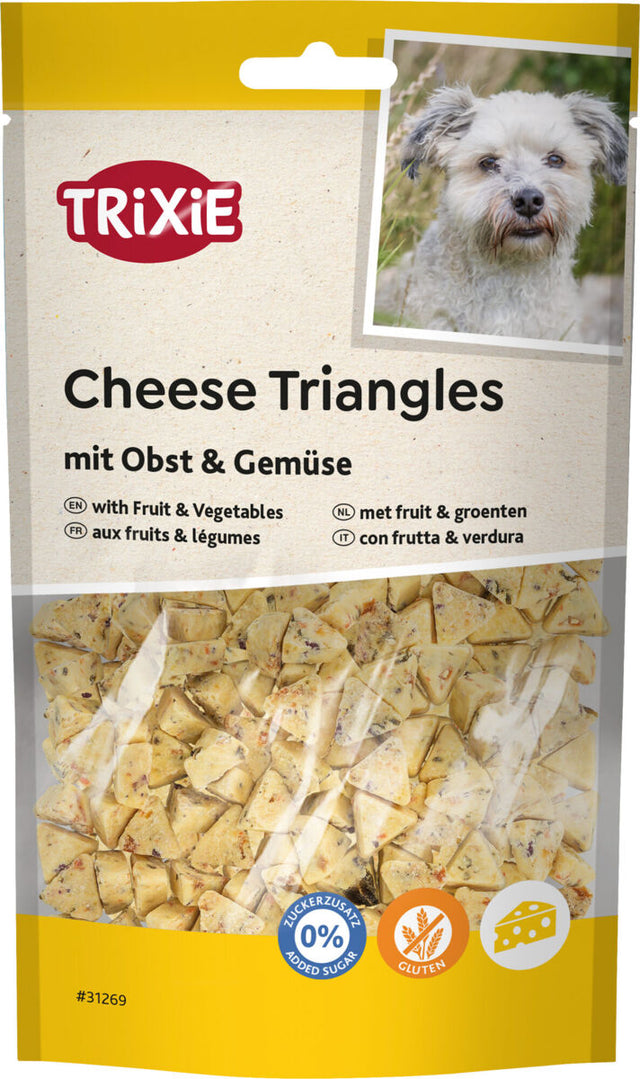 Verpackung von Trixie Käse-Dreiecken mit Obst und Gemüse, Hundebild, glutenfrei, kein Zuckerzusatz.