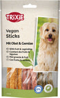 Verpackung von Trixie Vegan Sticks mit Obst und Gemüse, zeigt bunte Sticks und ein Bild eines Hundes, vegan und zuckerfrei.