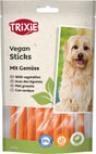 Verpackung veganer Sticks mit Gemüse von Trixie, Bild eines Hundes, Text in mehreren Sprachen, glutenfrei und zuckerfrei.