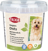 Plastikdose mit Trixie Vegan Dots, Petersilie und Thymian, Bild eines Hundes, vegan, glutenfrei, zuckerfrei.