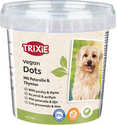 Plastikdose mit Trixie Vegan Dots, Petersilie und Thymian, Bild eines Hundes, vegan, glutenfrei, zuckerfrei.
