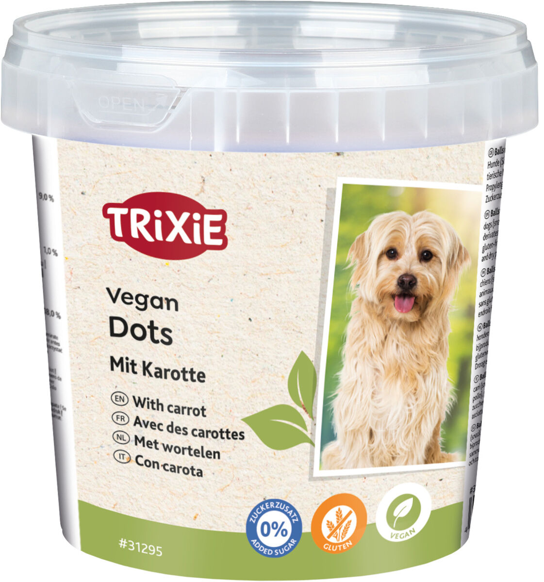 Eimer mit veganen Hundeleckerlis, Aufschrift „TRIXIE Vegan Dots mit Karotte“, mit Bild eines Hundes und Icons für zuckerfrei und glutenfrei.