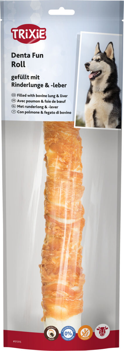 Verpackung eines Hundesnacks mit der Aufschrift "Denta Fun Roll gefüllt mit Rinderlunge &amp; -leber" und Bild eines Hundes.