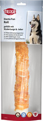 Verpackung eines Hundesnacks mit der Aufschrift "Denta Fun Roll gefüllt mit Rinderlunge &amp; -leber" und Bild eines Hundes.