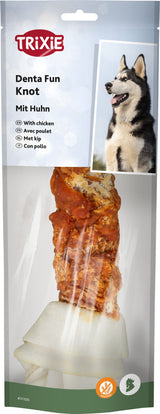 Verpackung von TRIXIE Denta Fun Knot mit Huhn, Bild eines Hundes, Text in mehreren Sprachen.